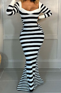 Luxe Simple Striple Long Sleeve Square Neck Collect Waist For Party Mermaid Dress E8618