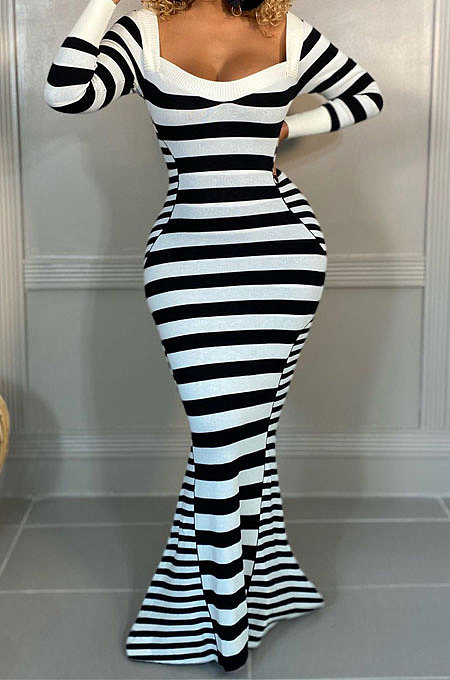Luxe Simple Striple Long Sleeve Square Neck Collect Waist For Party Mermaid Dress E8618