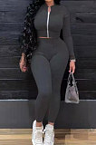 Black Women Solid Color Zipper Long Sleeve Bodycon Pants Sets SMY81123-2