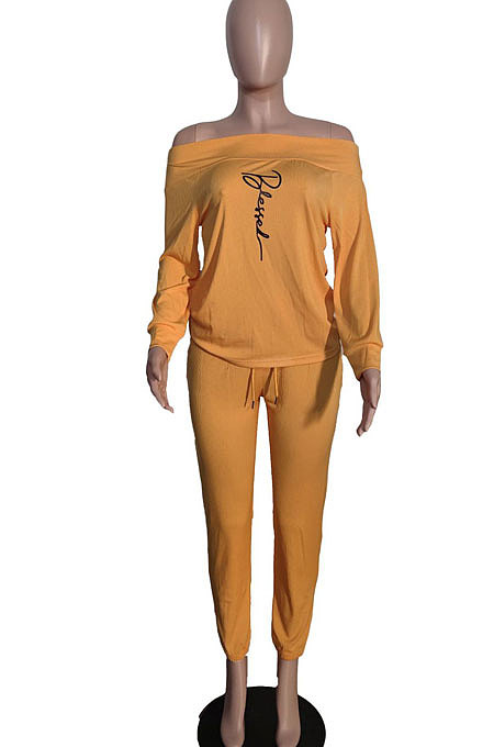 Yellow Women Letters Printing Ribber High Elastic Loose A Word Shoulder Autumn Winter Pants Sets XT8125-1