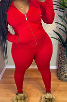 Red Cotton Blend Long Sleeve Zipper Hoodie Skinny Pants Solid Color Suit FH180-5