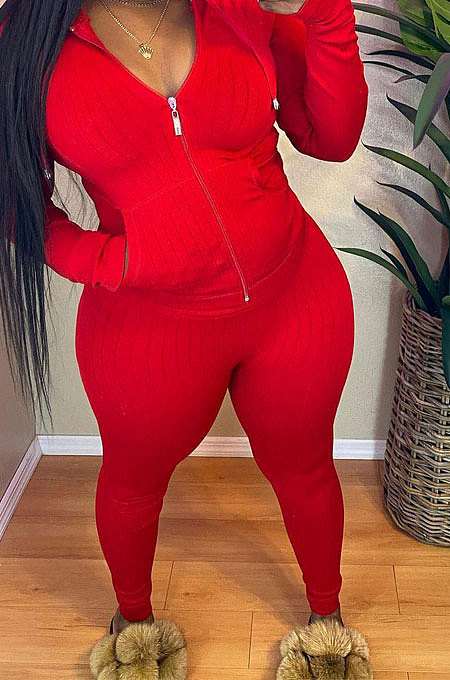 Red Cotton Blend Long Sleeve Zipper Hoodie Skinny Pants Solid Color Suit FH180-5