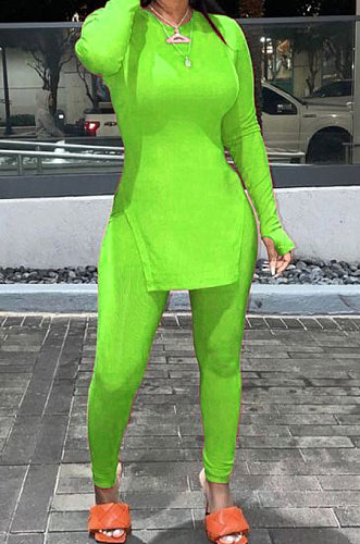 Brown Simple Pure Color Long Sleeve Round Neck Slit Tops Pencil Pants Suit N9270-1