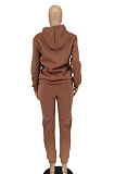 Brown Women Hoodie Drawsting Embroidered Casual Pants Sets SMY81124-3