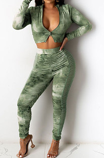 Army Green Women's  Tie Dye Printed Long Sleeve Lapel  Neck Zipper Crop Tops Pencil Pats Set E8621-3