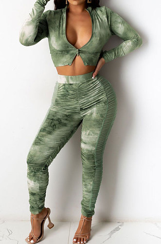 Army Green Women's  Tie Dye Printed Long Sleeve Lapel  Neck Zipper Crop Tops Pencil Pats Set E8621-3