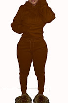 Coffee Euramerican Fashion Women Solid Color Hoodie Fleece Long Sleeve Sport Pants Sets YSH86279-6