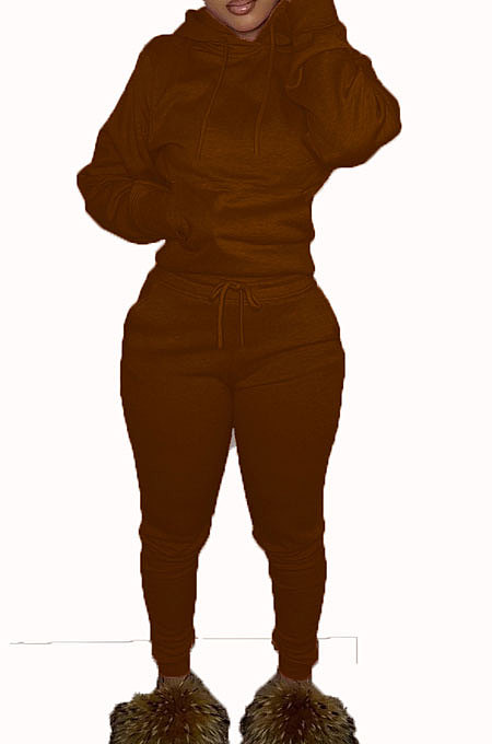 Coffee Euramerican Fashion Women Solid Color Hoodie Fleece Long Sleeve Sport Pants Sets YSH86279-6
