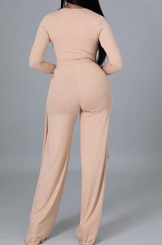 Apricot Pink Ribber Long Sleeve V Neck Irregular Tops Trousers Solid Color Set SY8829-2