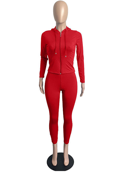Black Cotton Blend Long Sleeve Zipper Hoodie Skinny Pants Solid Color Suit FH180-3