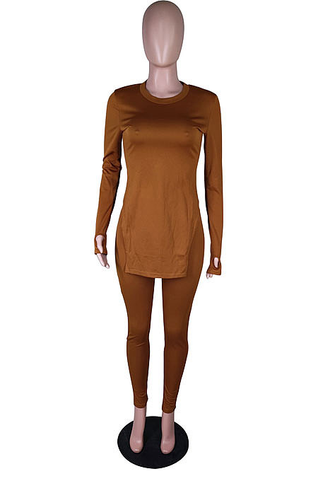 Purple Simple Pure Color Long Sleeve Round Neck Slit Tops Pencil Pants Suit N9270-3