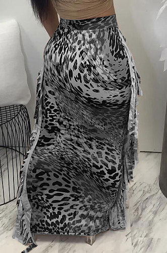 Black Euramerican Women Leopard Printing Tassel Skirts HM5516-1