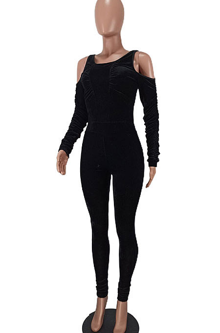 Dark Green Women Casual Velvet Off Shoulder Pure Color Ruffle Bodycon Jumpsuits ED8539-3