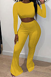 Red Women Pure Color Long Sleeve Dew Waist Sexy Ribber Tiny Flared Pants Sets ED8537-2