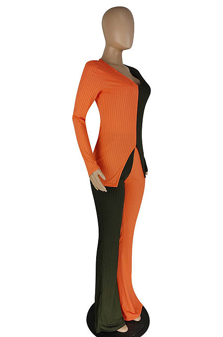Black Fashion Ribber Spliced Long Sleeve Flare Pants Slim Fitting Two-Piece E8620-2
