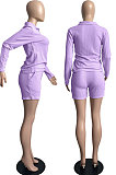 Green Simple Preppy Waffle-Knit Long Slereve Zipper Tops Shorts In Home Suit FH177-4