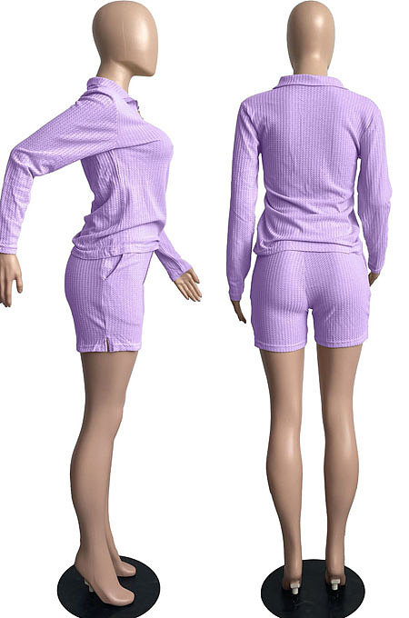 Black Simple Preppy Waffle-Knit Long Slereve Zipper Tops Shorts In Home Suit FH177-3