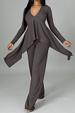 White Ribber Long Sleeve V Neck Irregular Tops Trousers Solid Color Set SY8829-1