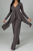 Grey Ribber Long Sleeve V Neck Irregular Tops Trousers Solid Color Set SY8829-4