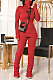 Wine Red Women High Collar High Elastic Ribber Trendy Shirred Detail Pants Sets XT8126-3