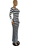 Luxe Simple Striple Long Sleeve Square Neck Collect Waist For Party Mermaid Dress E8618