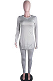 Dark Green Simple Pure Color Long Sleeve Round Neck Slit Tops Pencil Pants Suit N9270-9