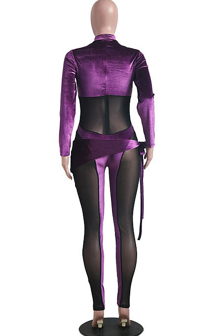 Brown Nigh Club Velvet Mesh Spliced Long Sleeve Irregular Jumpsuits SY8830-1