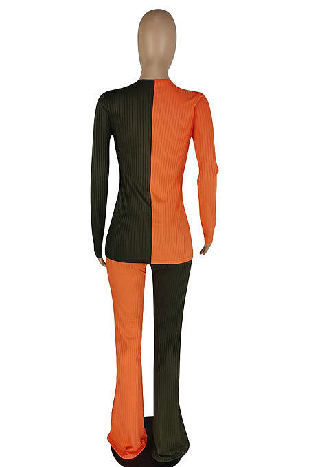 Orange Fashion Ribber Spliced Long Sleeve Flare Pants Slim Fitting Two-Piece E8620-1