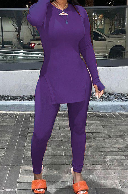 Black Simple Pure Color Long Sleeve Round Neck Slit Tops Pencil Pants Suit N9270-2
