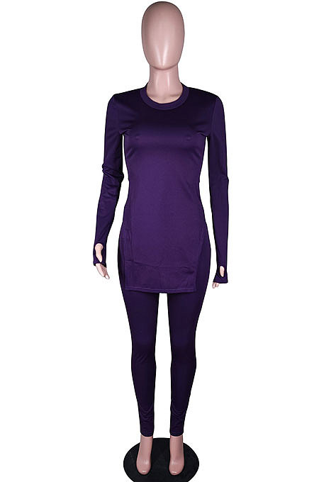 Purple Simple Pure Color Long Sleeve Round Neck Slit Tops Pencil Pants Suit N9270-3