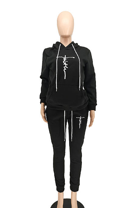 Blue Women Hoodie Drawsting Embroidered Casual Pants Sets SMY81124-2