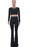 Red Women Pure Color Long Sleeve Dew Waist Sexy Ribber Tiny Flared Pants Sets ED8537-2