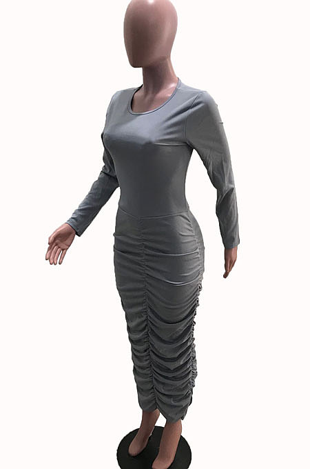 Gray Women Long Sleeve Solid Color Fashion Round Collar Shirred Detail Long Dress YSH86273-1