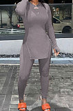 Dark Green Simple Pure Color Long Sleeve Round Neck Slit Tops Pencil Pants Suit N9270-9