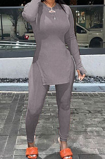 Grey Simple Pure Color Long Sleeve Round Neck Slit Tops Pencil Pants Suit N9270-5