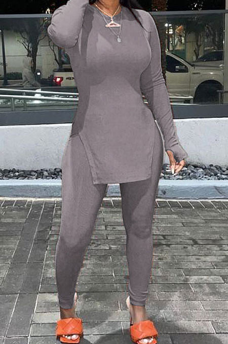 Grey Simple Pure Color Long Sleeve Round Neck Slit Tops Pencil Pants Suit N9270-5