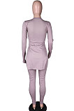 Dark Green Simple Pure Color Long Sleeve Round Neck Slit Tops Pencil Pants Suit N9270-9