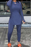 Dark Green Simple Pure Color Long Sleeve Round Neck Slit Tops Pencil Pants Suit N9270-9