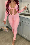 Black Women Fashion Sexy Pure Color Ribber Tied Crop Bodycon Jumpsuits YSH86278-1