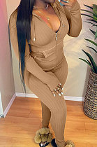 Khaki Cotton Blend Long Sleeve Zipper Hoodie Skinny Pants Solid Color Suit FH180-2