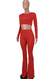 Yellow Women Pure Color Long Sleeve Dew Waist Sexy Ribber Tiny Flared Pants Sets ED8537-1