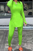 Neon Green Simple Pure Color Long Sleeve Round Neck Slit Tops Pencil Pants Suit N9270-6