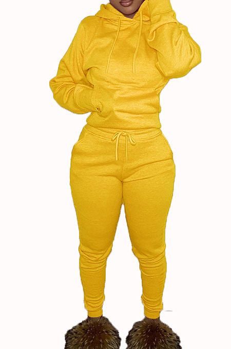 Yellow Euramerican Fashion Women Solid Color Hoodie Fleece Long Sleeve Sport Pants Sets YSH86279-2