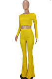 Red Women Pure Color Long Sleeve Dew Waist Sexy Ribber Tiny Flared Pants Sets ED8537-2