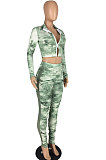 Army Green Women's  Tie Dye Printed Long Sleeve Lapel  Neck Zipper Crop Tops Pencil Pats Set E8621-3