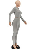 Gray Women Solid Color Zipper Long Sleeve Bodycon Pants Sets SMY81123-1
