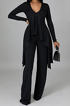 Black Ribber Long Sleeve V Neck Irregular Tops Trousers Solid Color Set SY8829-3