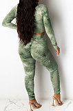 Army Green Women's  Tie Dye Printed Long Sleeve Lapel  Neck Zipper Crop Tops Pencil Pats Set E8621-3