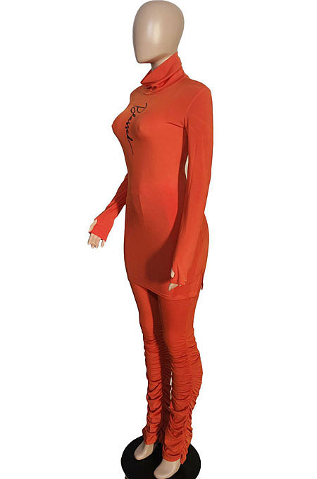 Wine Red Women High Collar High Elastic Ribber Trendy Shirred Detail Pants Sets XT8126-3