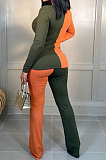 Black Fashion Ribber Spliced Long Sleeve Flare Pants Slim Fitting Two-Piece E8620-2